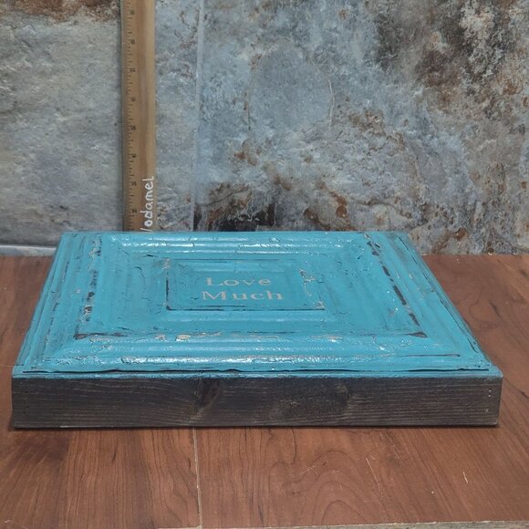 Turquoise Distressed Love Much Tin Metal on Wood Frame Hanging Wall Decor - Picture 3 of 12